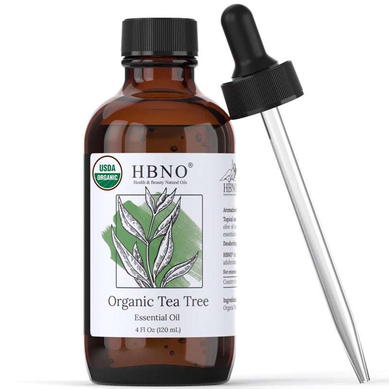 HBNO California Bottled Organic Tea Tree Oil for Skin Hair 4 fl oz 120ml USDA Certified Organic Tea Tree Oil for Aromatherapy
